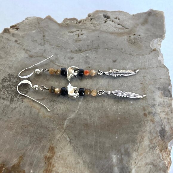 Sterling Silver 925 Mother Of Pearl & Onyx Beaded Bear Feather Dangle Earrings - Picture 3 of 13